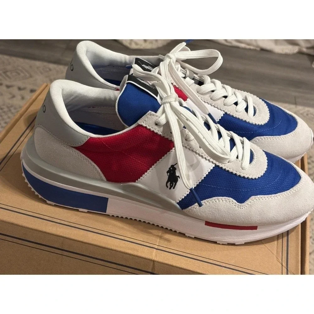 Polo Ralph Lauren Train 85 Sneakers Red White Blue Suede Mesh Mens Shoes